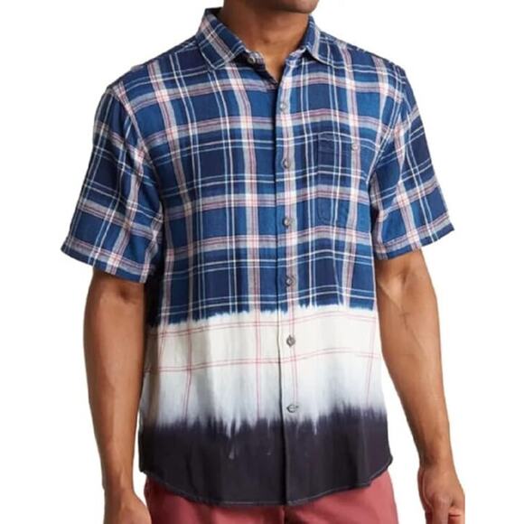 Tommy Bahama Soul Cal Surf Plaid Camp Shirt (Color: Bering Blue Size XL)